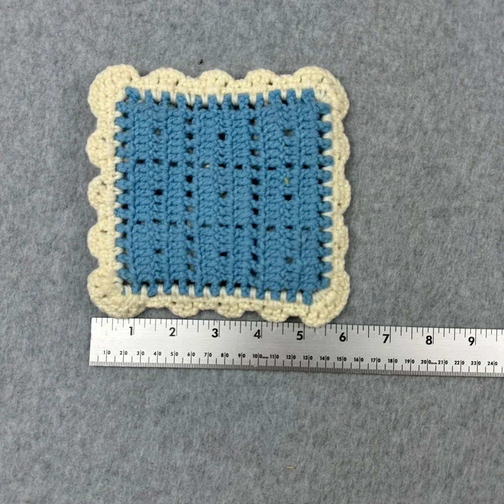 Vtg Handmade Crochet Coasters Set of 2 Blue‎ Cream Floral Square Scalloped Boho